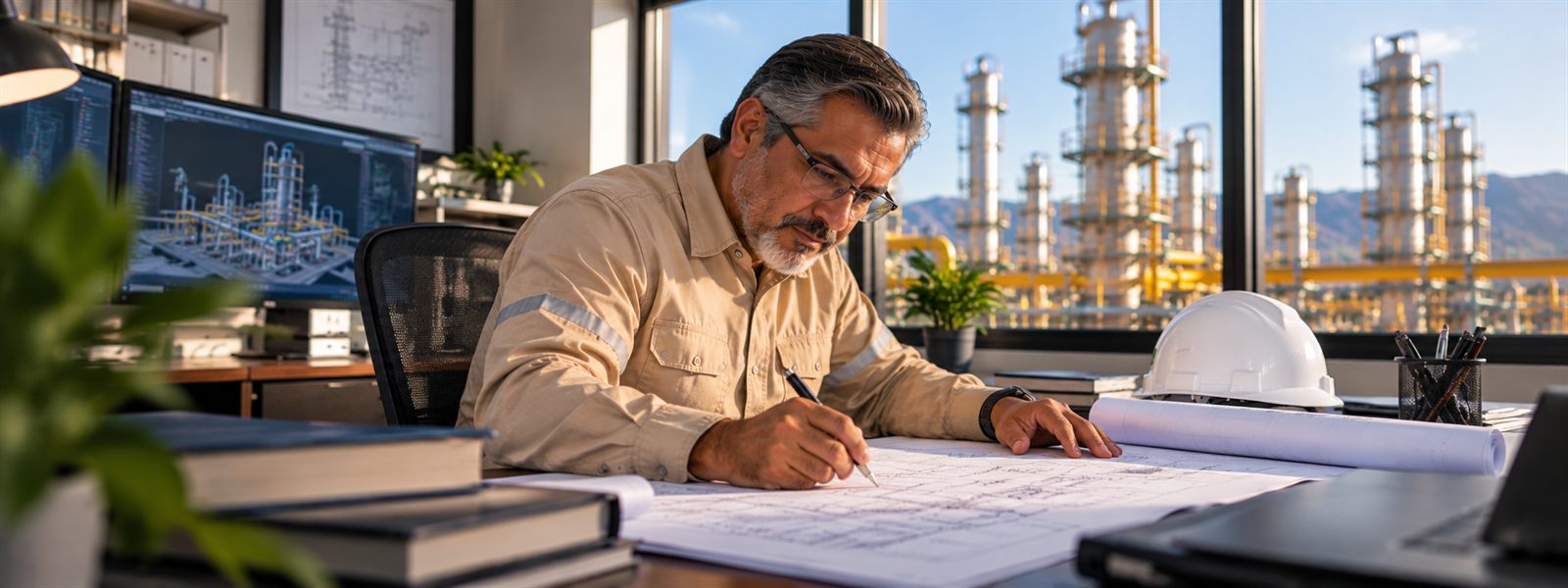 Ingeniero revisando planos de una planta de gas natural en su escritorio